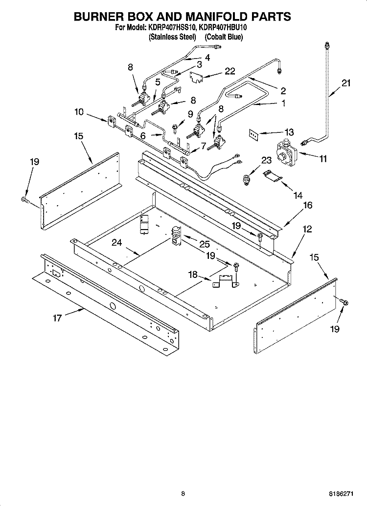 BURNER BOX AND MANIFOLD PARTS Diagram and Parts List for KDRP407HBU10  KitchenAid Range
