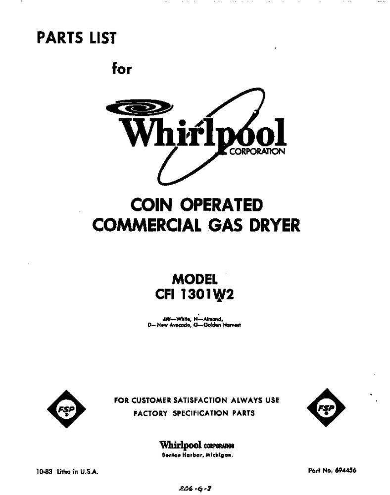 Front Cover Diagram and Parts List for CFI1301W2  Whirlpool Dryer