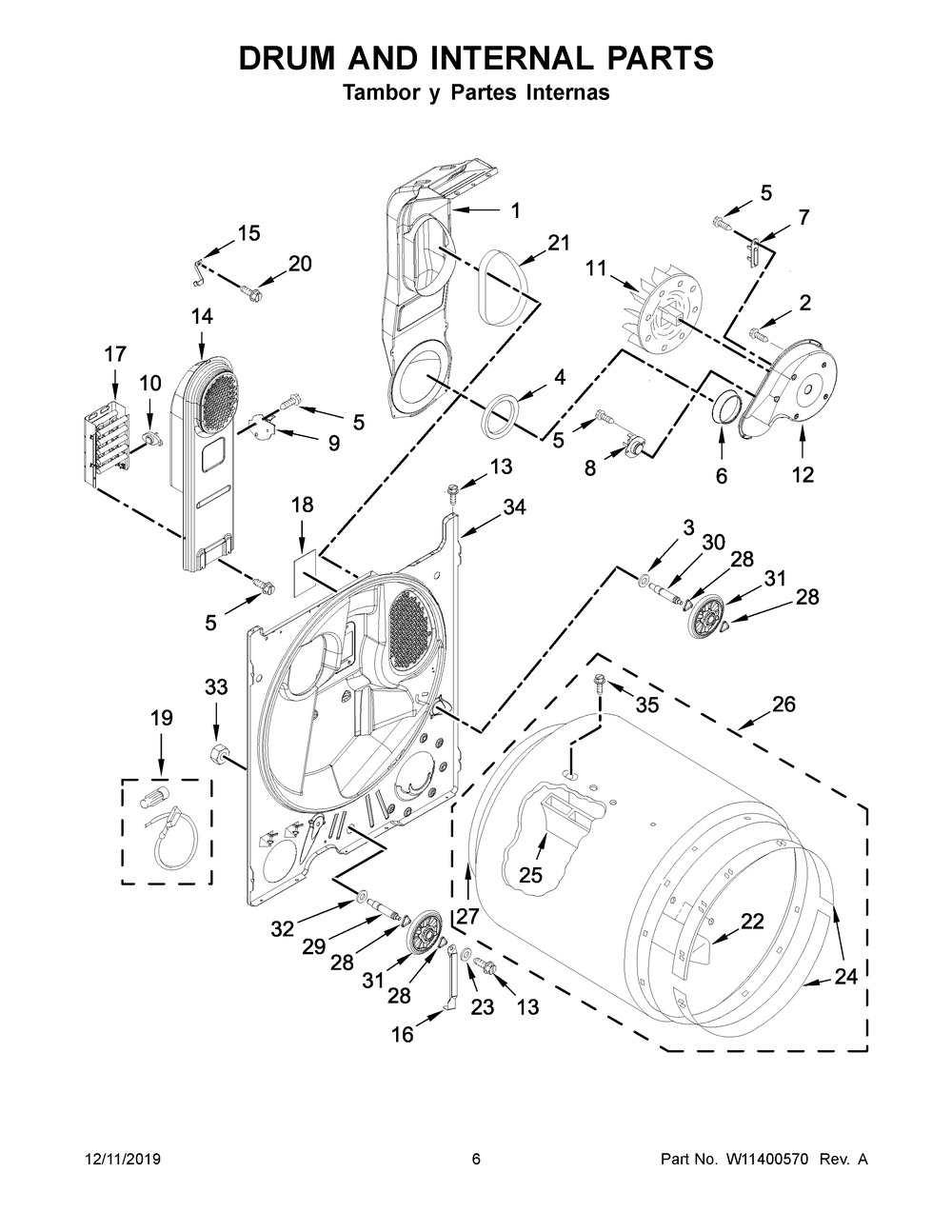 Drum And Internal Parts Diagram and Parts List for 7MWED1730JQ0  Whirlpool Dryer