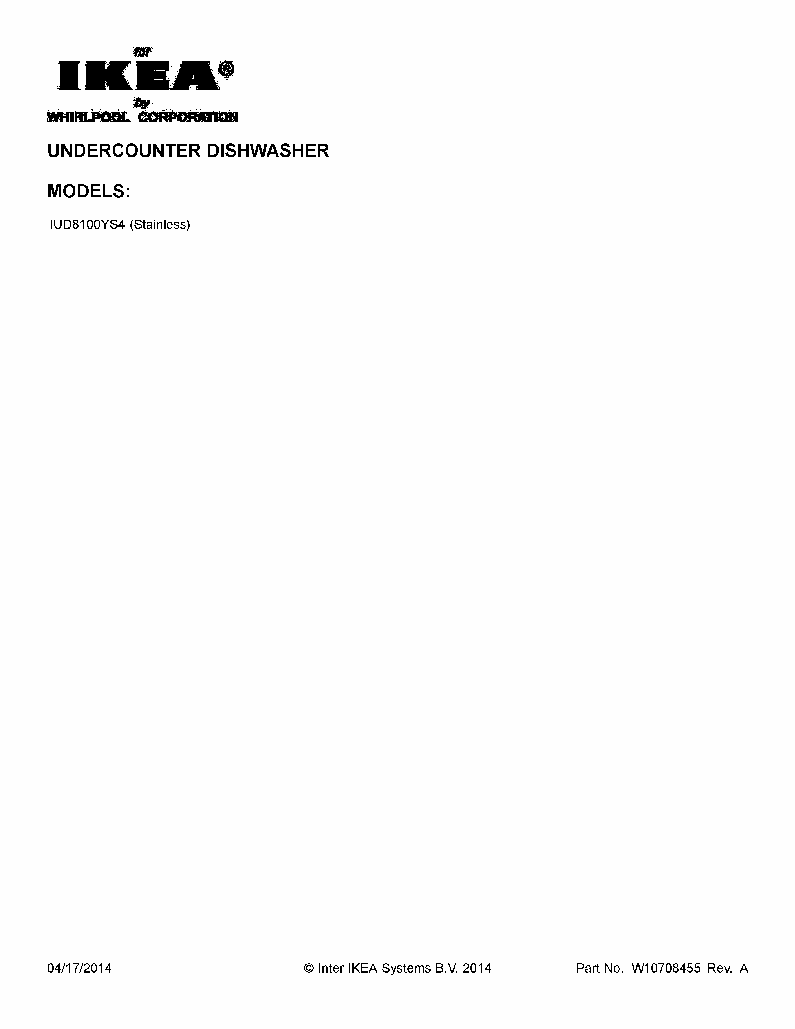 Cover Sheet Diagram and Parts List for IUD8100YS4  Whirlpool Dishwasher