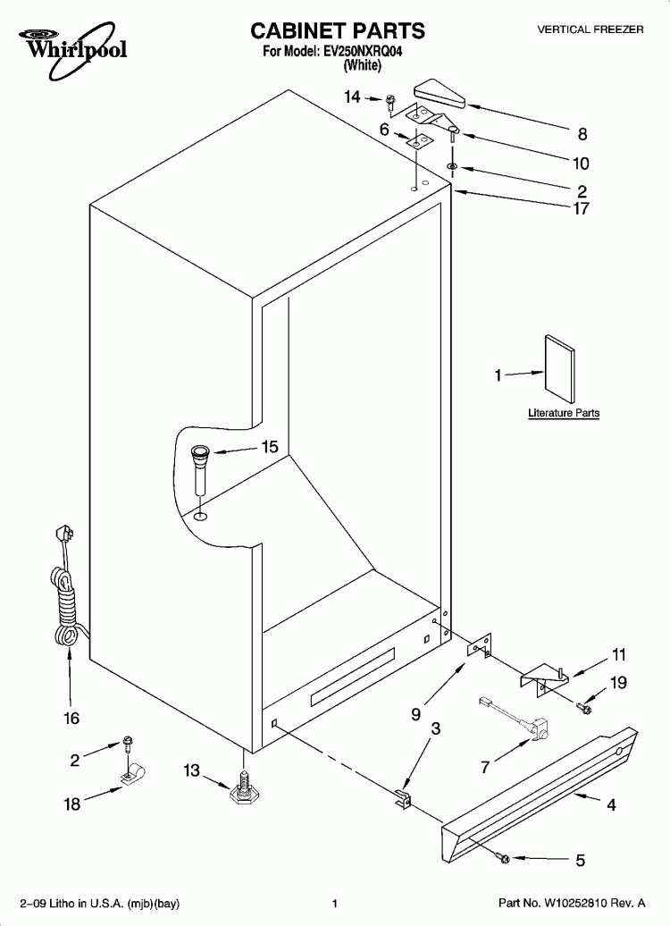 CABINET PARTS Diagram and Parts List for EV250NXRQ04  Whirlpool Freezer