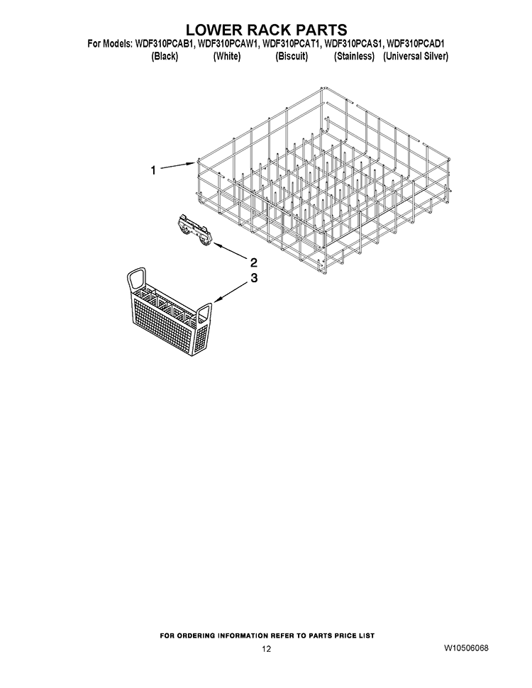 LOWER RACK PARTS Diagram and Parts List for WDF310PCAW1  Whirlpool Dishwasher