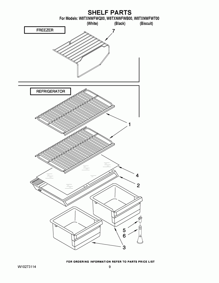 SHELF PARTS Diagram and Parts List for W8TXNWFWB00  Whirlpool Refrigerator