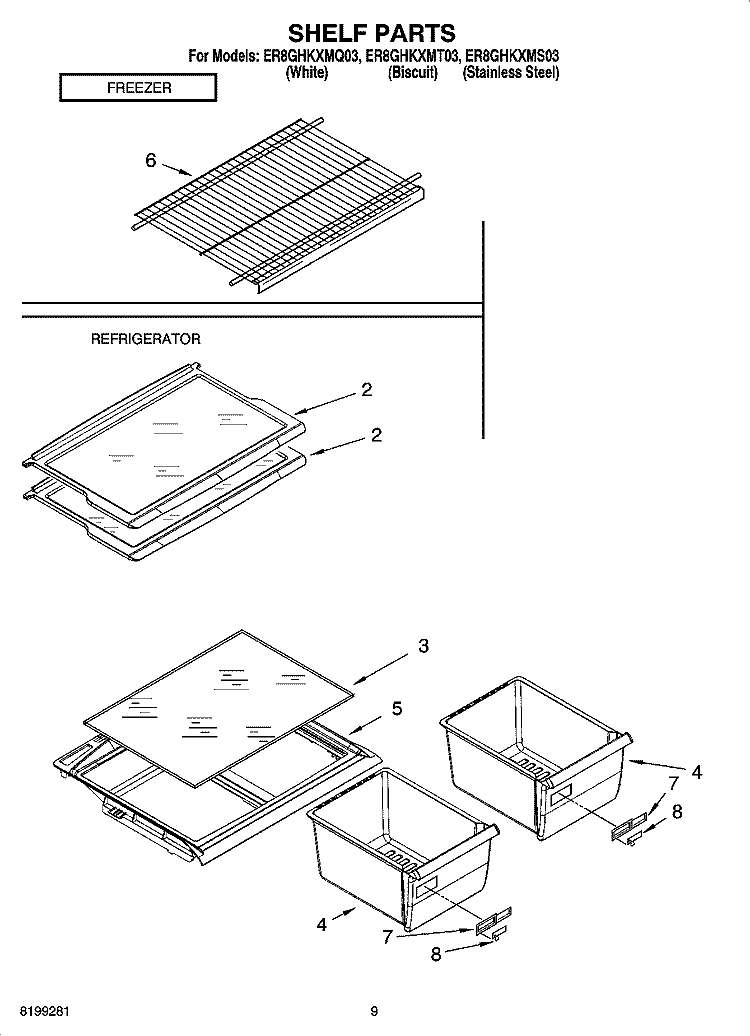 SHELF PARTS, OPTIONAL PARTS Diagram and Parts List for ER8GHKXMS03  Whirlpool Refrigerator