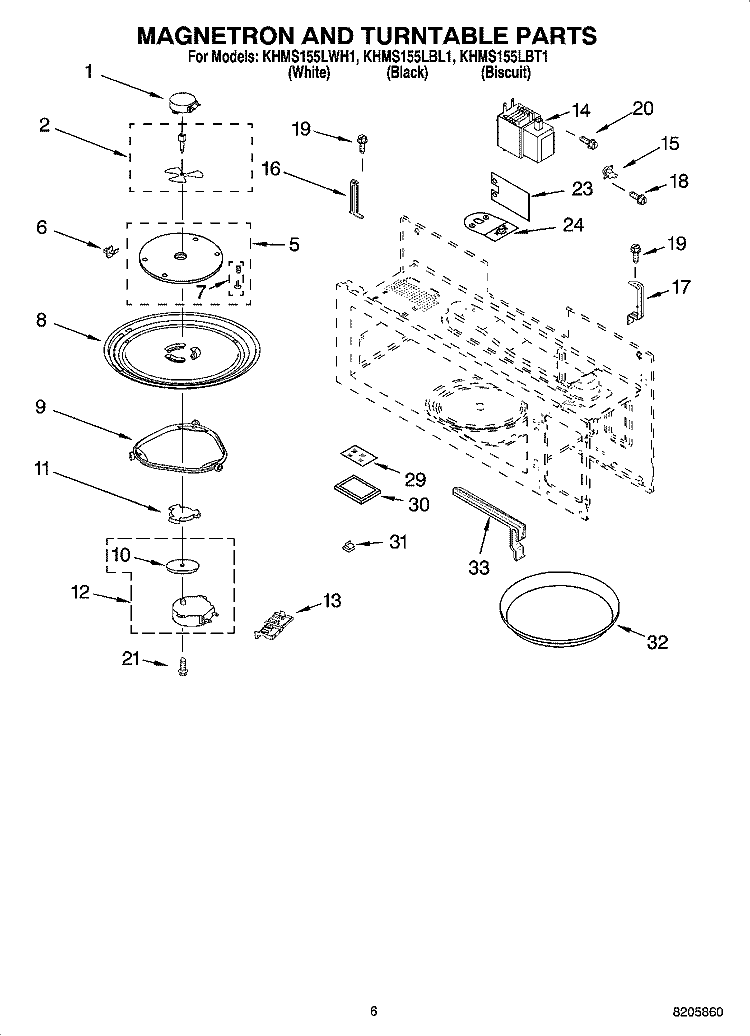 MAGNETRON AND TURNTABLE PARTS Diagram and Parts List for KHMS155LWH1  KitchenAid Microwave