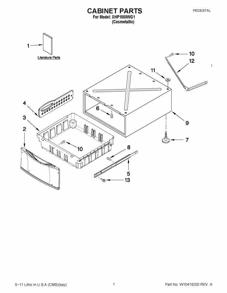 CABINET PARTS Diagram and Parts List for XHP1550WG1  Whirlpool Laundry Accessories