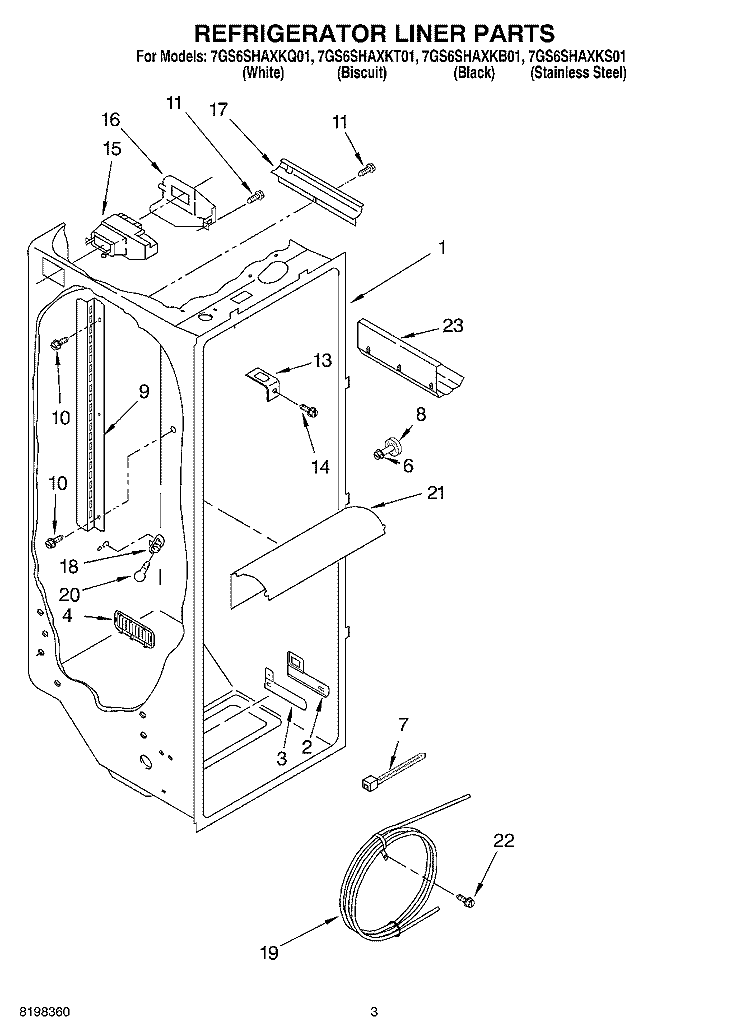 REFRIGERATOR LINER Diagram and Parts List for 7GS6SHAXKB01  Whirlpool Refrigerator