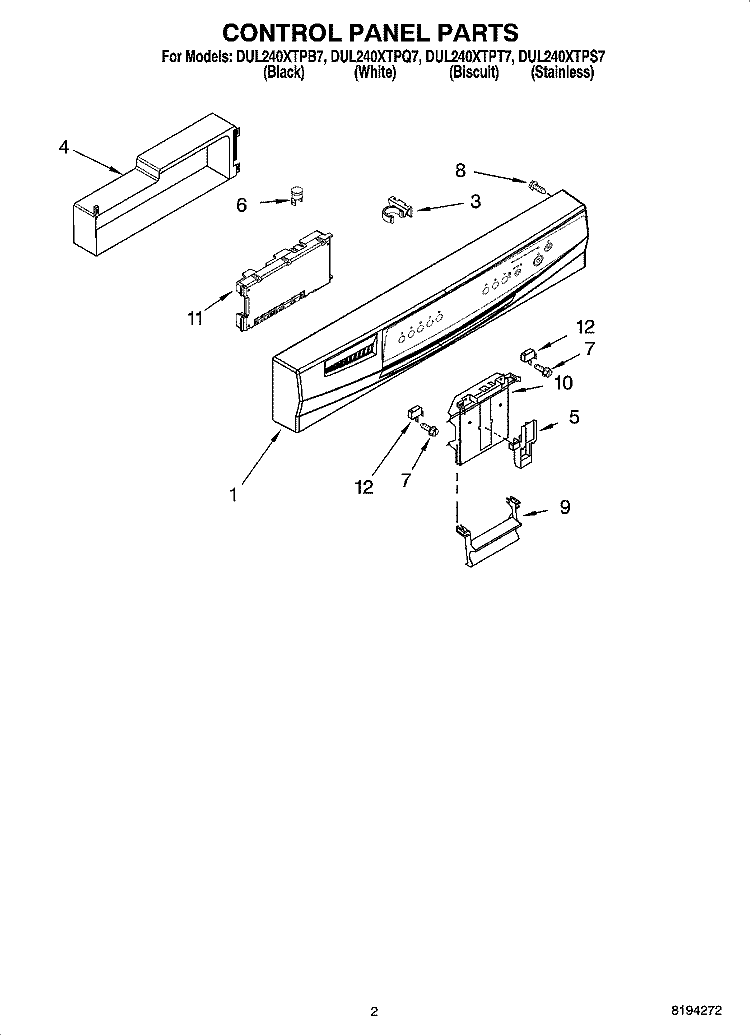 CONTROL PANEL PARTS Diagram and Parts List for DUL240XTPB7  Whirlpool Dishwasher