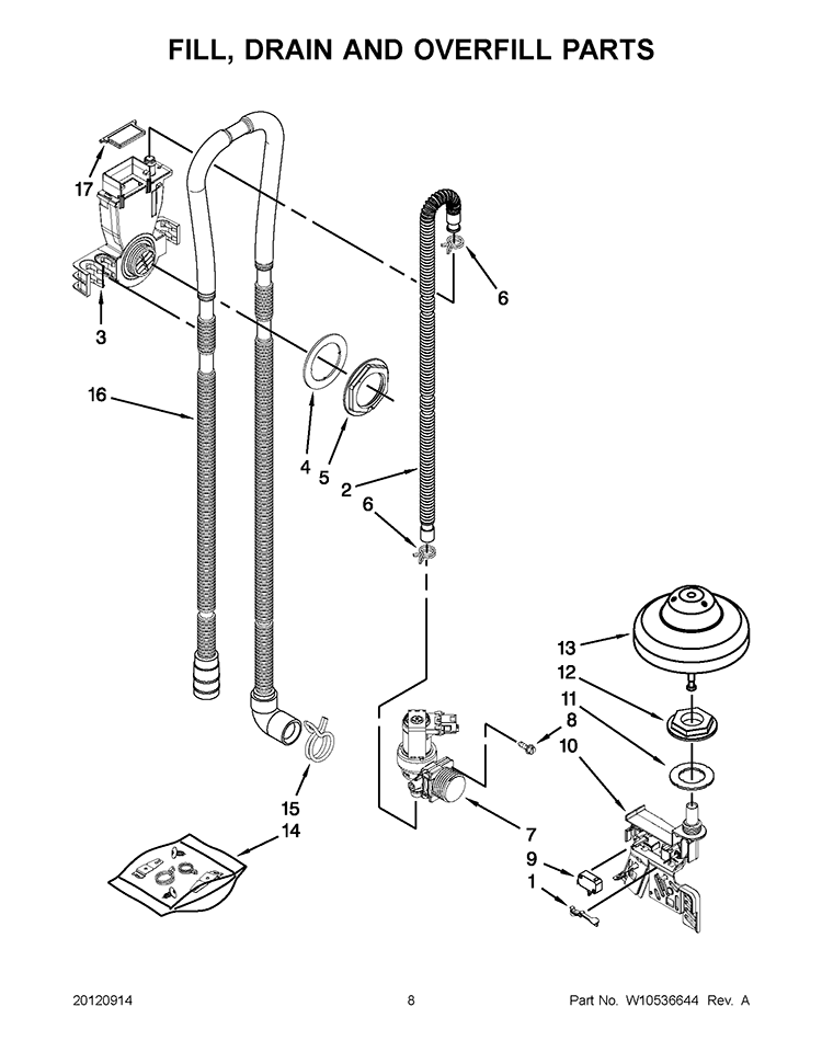 FILL, DRAIN AND OVERFILL PARTS Diagram and Parts List for KUDC10IBBL0  KitchenAid Dishwasher