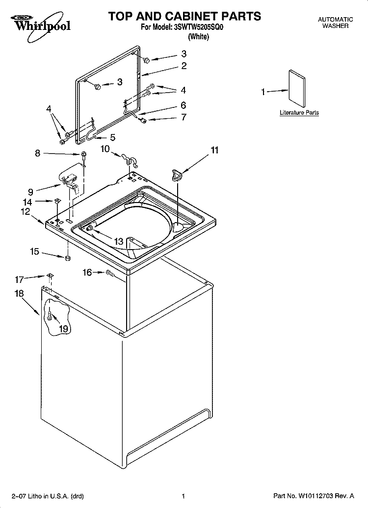 TOP AND CABINET PARTS Diagram and Parts List for 3SWTW5205SQ0  Whirlpool Washer