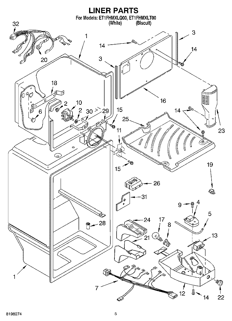 LINER Diagram and Parts List for ET1FHMXLT00  Whirlpool Refrigerator