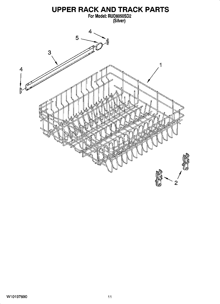 UPPER RACK AND TRACK PARTS Diagram and Parts List for RUD8050SD2  Roper Dishwasher