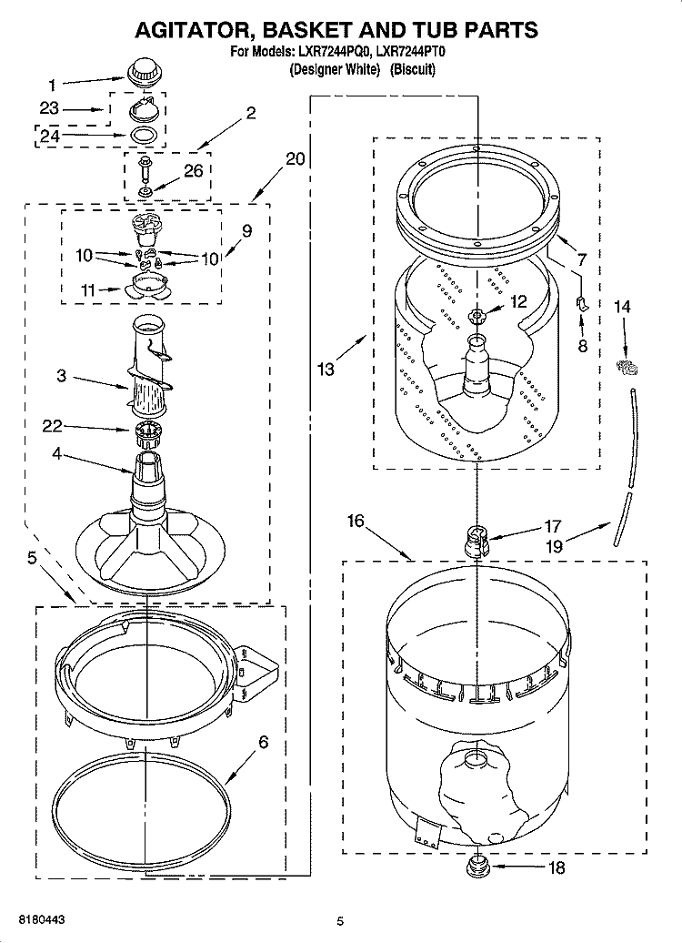 AGITATOR, BASKET AND TUB PARTS Diagram and Parts List for LXR7244PQ0  Whirlpool Washer