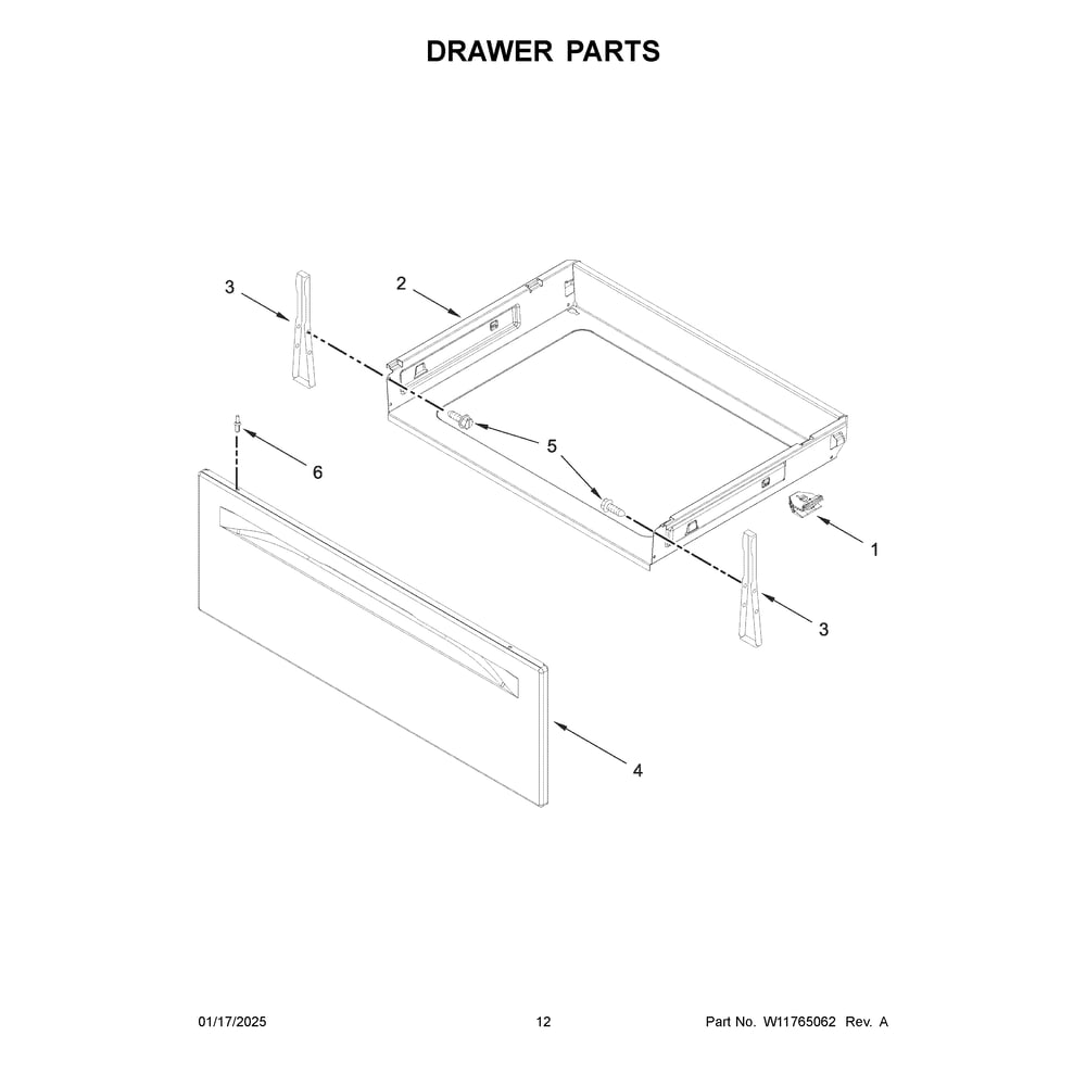 Drawer Parts Diagram and Parts List for WFGS7530RW1  Whirlpool Range