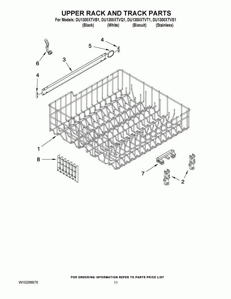 UPPER RACK AND TRACK PARTS Diagram and Parts List for DU1300XTVQ1  Whirlpool Dishwasher