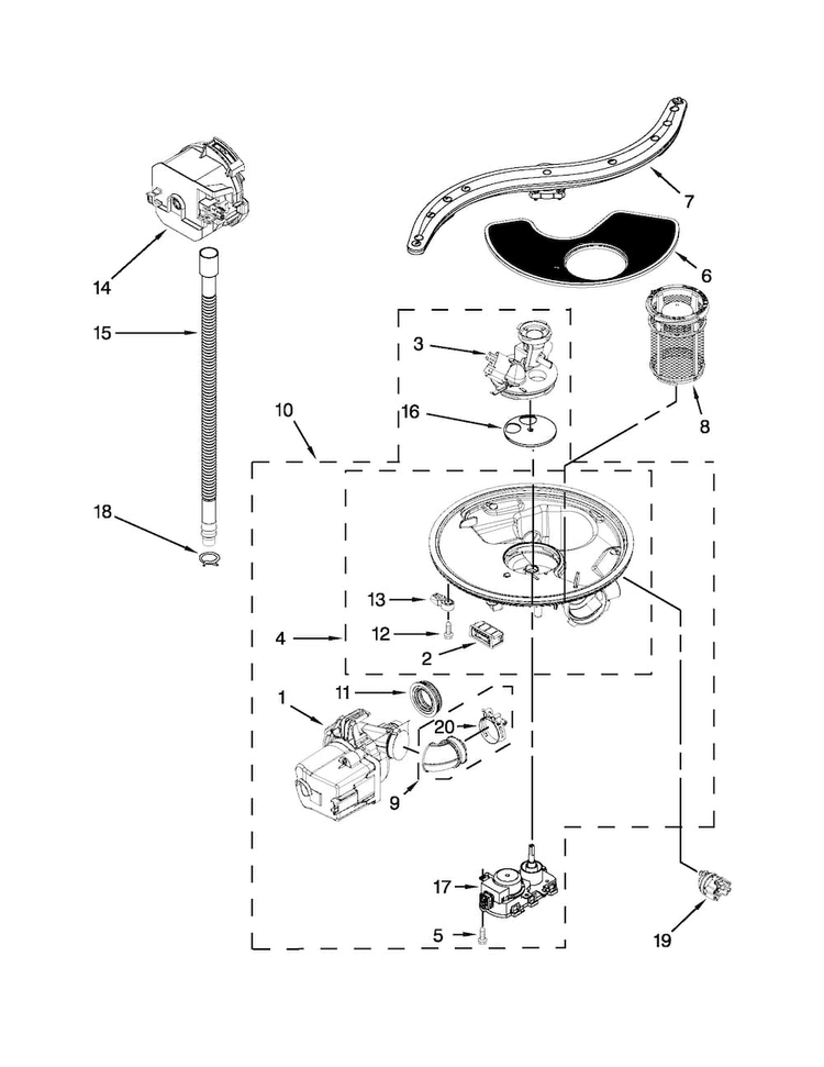 Pump, Washarm And Motor Parts Diagram and Parts List for KUDE48FXSS6  KitchenAid Dishwasher