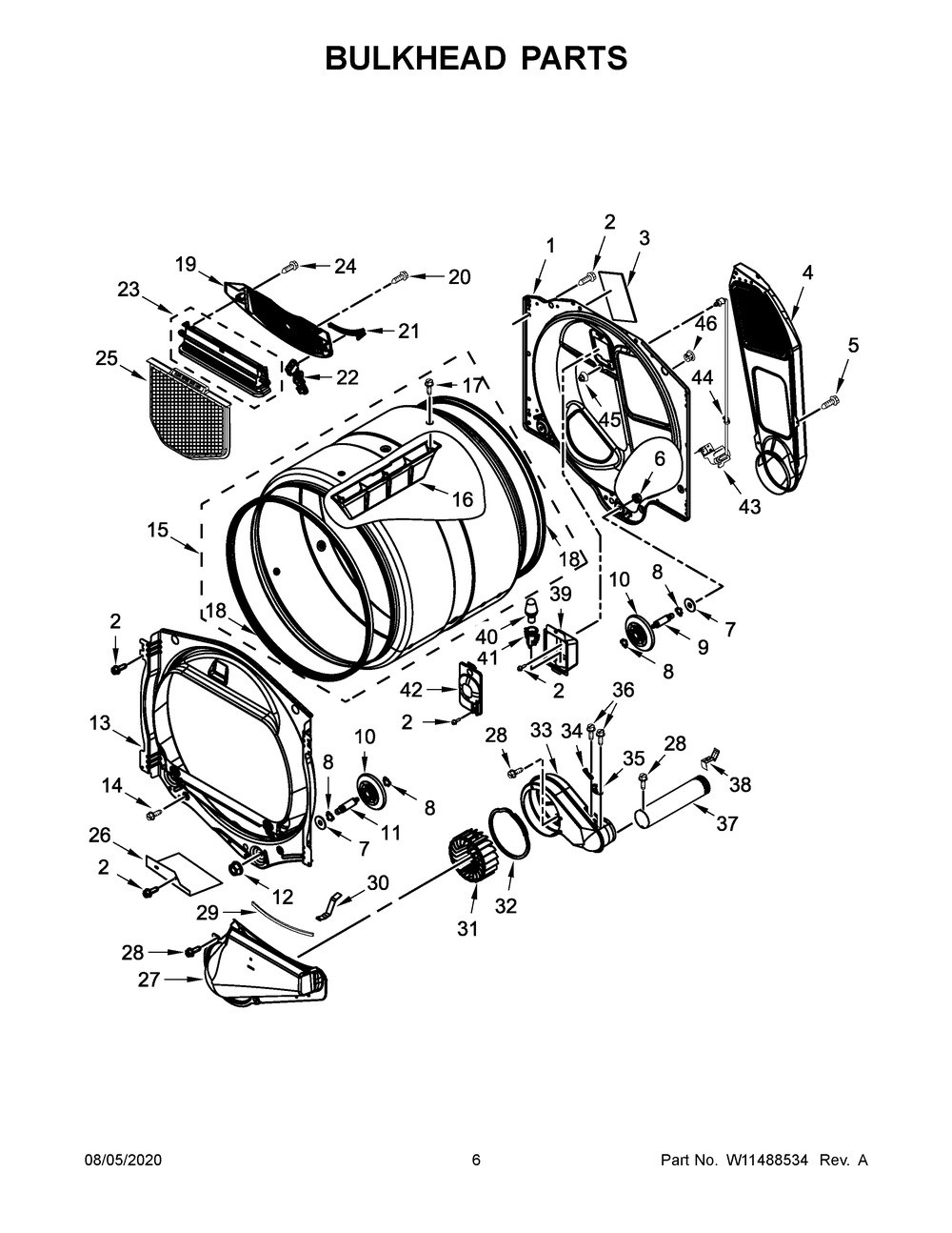 Bulkhead Parts Diagram and Parts List for YWED7120HC1  Whirlpool Dryer