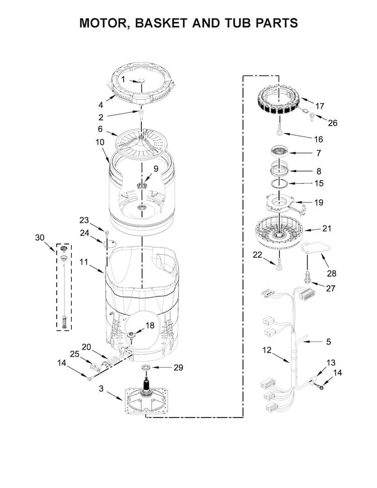 Motor, Basket And Tub Parts Diagram and Parts List for 7MWTW8500EC0  Whirlpool Washer
