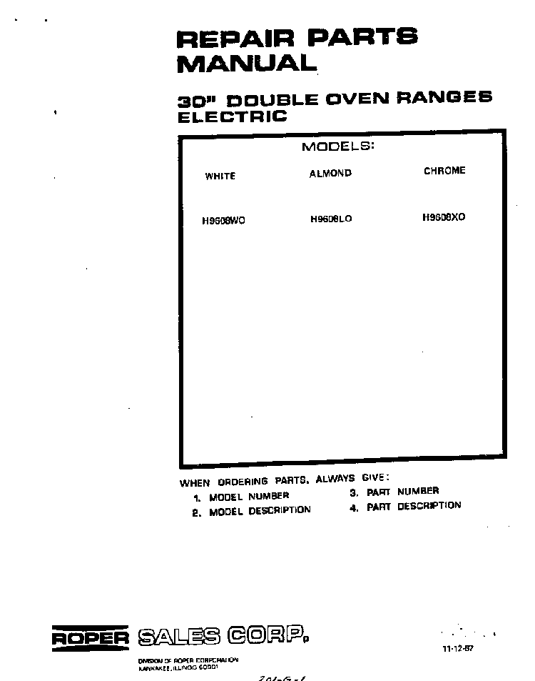 Front Cover Diagram and Parts List for H9608*0  Roper Range