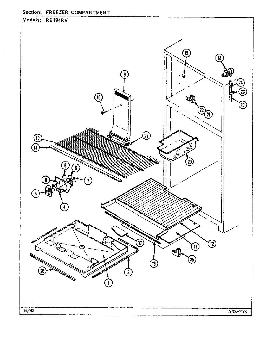 02 - Freezer Compartment Diagram and Parts List for RB194RV  Whirlpool Refrigerator