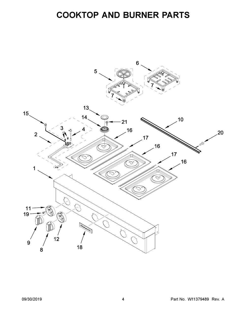 Cooktop And Burner Parts Diagram and Parts List for KCGC506JSS00  Whirlpool Cooktop