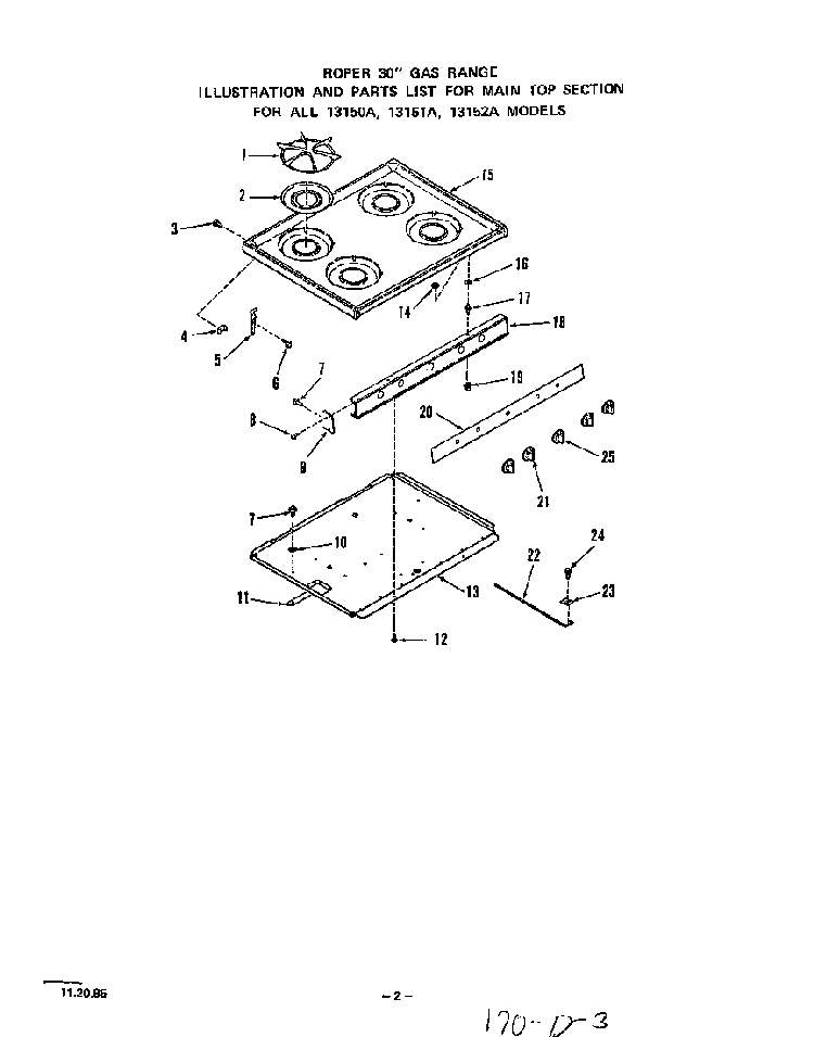 Main Top Diagram and Parts List for 1315*1A  Roper Range