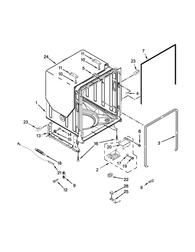 Tub And Frame Parts Diagram and Parts List for KDFE304DBL2  KitchenAid Dishwasher