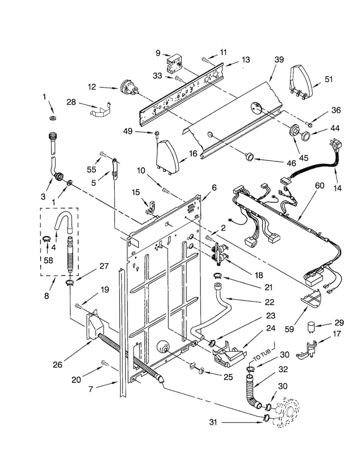 Controls And Rear Panel Diagram and Parts List for LSR5132JQ1  Whirlpool Washer