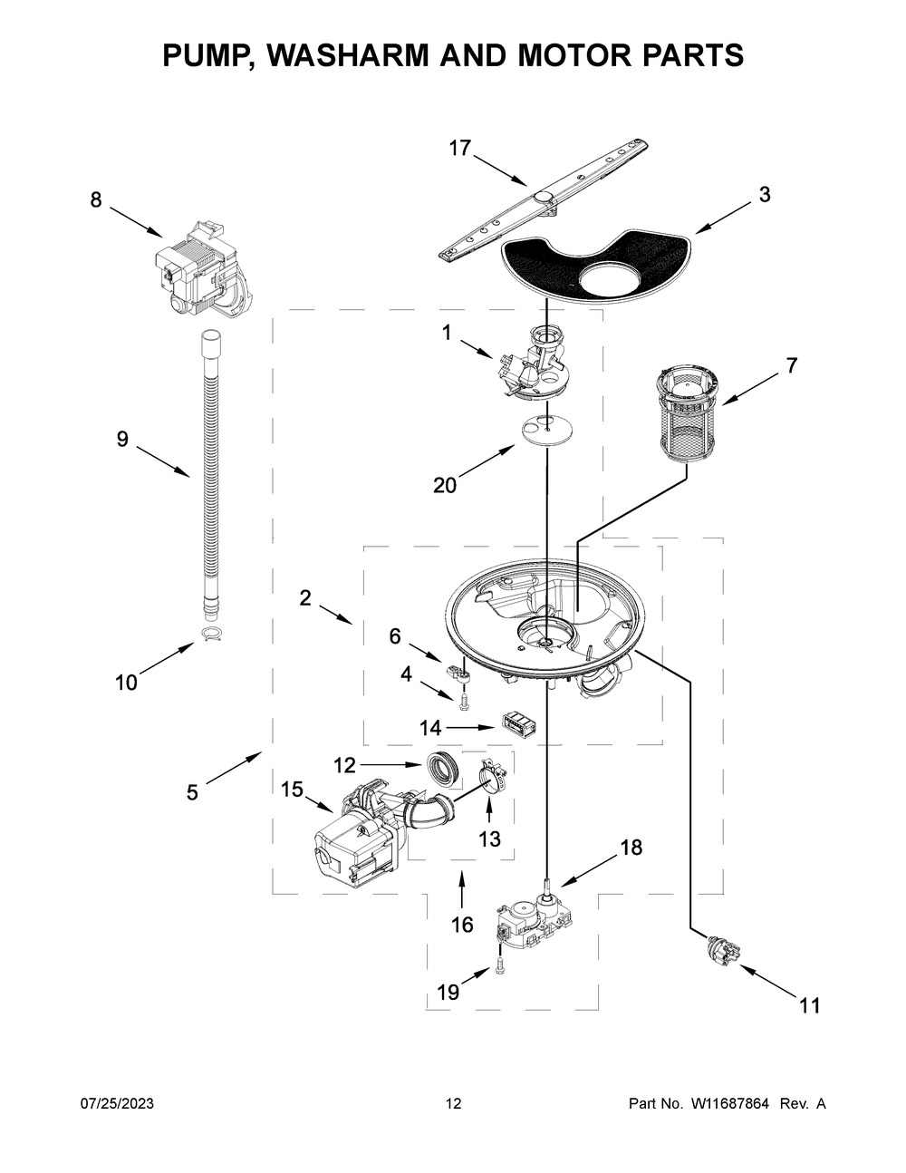 Pump, Washarm And Motor Parts Diagram and Parts List for WDT730HAMZ1  Whirlpool Dishwasher