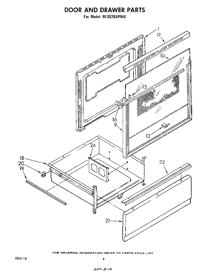 DOOR AND DRAWER Diagram and Parts List for RF302BXPW0  Whirlpool Range