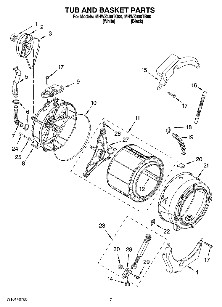 TUB AND BASKET PARTS, OPTIONAL PARTS (NOT INCLUDED) Diagram and Parts List for MHWZ400TQ00  Whirlpool Washer