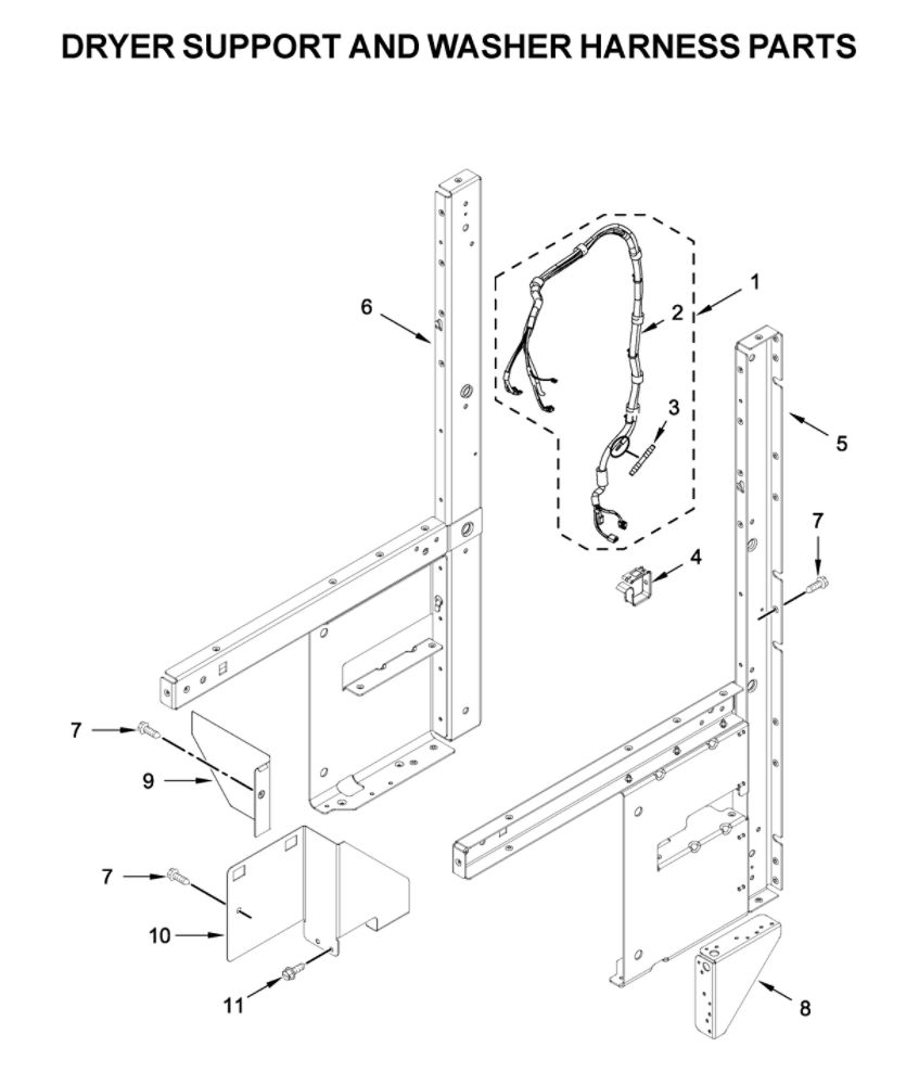 Dryer Support And Washer Harness Parts Diagram and Parts List for WGTLV27HW1  Whirlpool Washer Dryer Combo