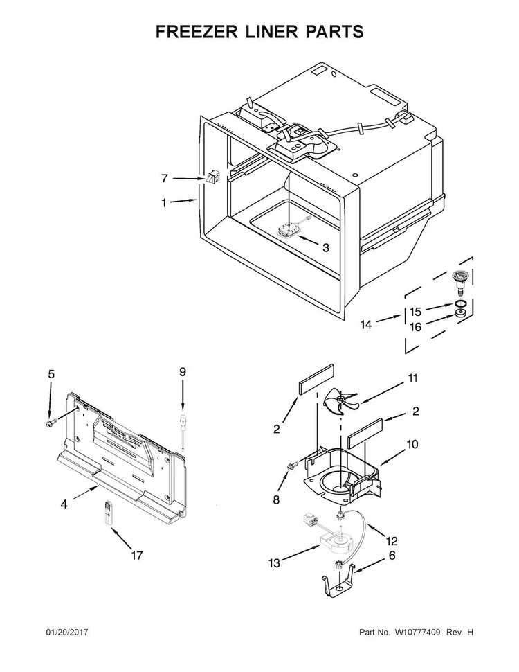 Freezer Liner Parts Diagram and Parts List for KRMF706EBS00  KitchenAid Refrigerator