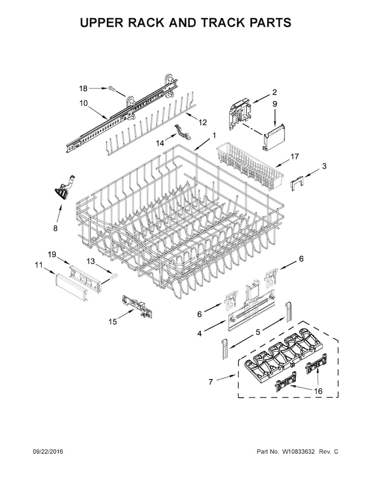 Upper Rack And Track Parts Diagram and Parts List for KDTM354ESS1  KitchenAid Dishwasher