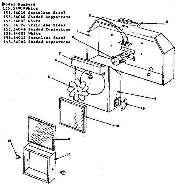 Ductless Range Hood Diagram and Parts List for 15554002  Kenmore Range Hood
