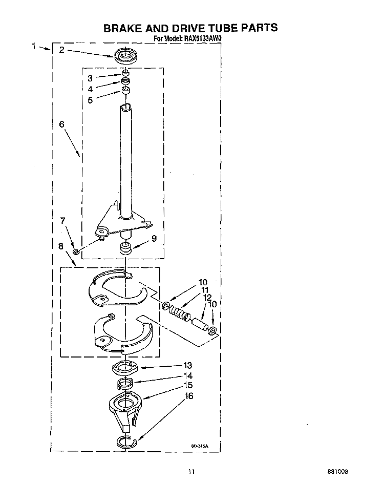 BRAKE AND DRIVE TUBE Diagram and Parts List for RAX5133AG0  Roper Washer