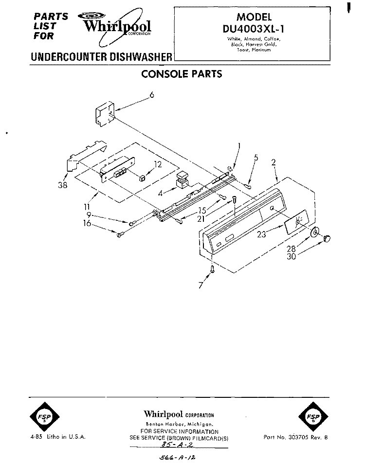 CONSOLE Diagram and Parts List for DU4003XL1  Whirlpool Dishwasher