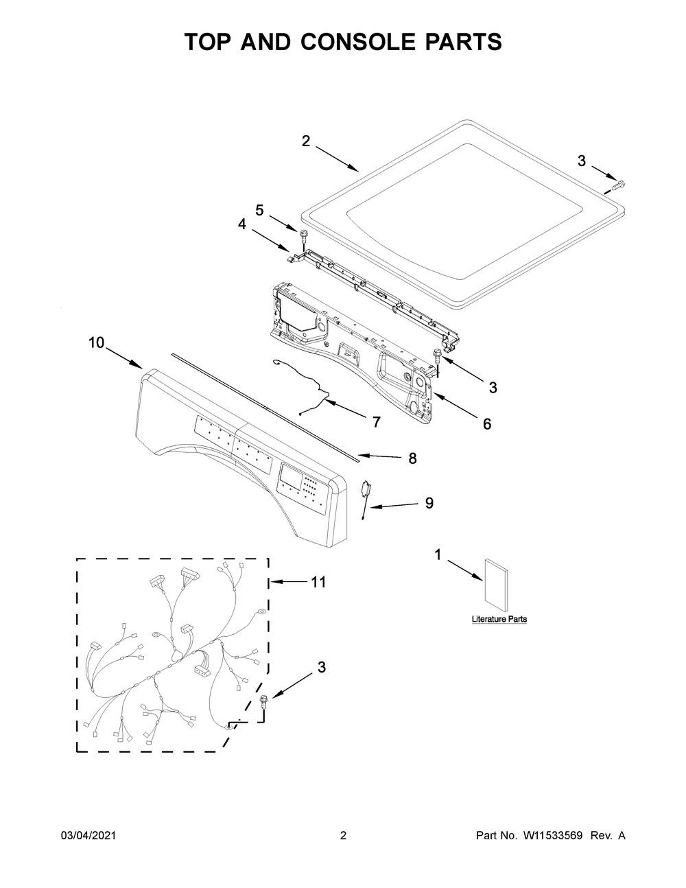 Top And Console Parts Diagram and Parts List for NGD5800HW2  Whirlpool Dryer