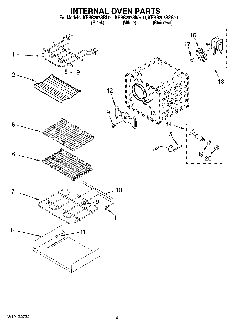 INTERNAL OVEN PARTS Diagram and Parts List for KEBS207SWH00  KitchenAid Wall Oven