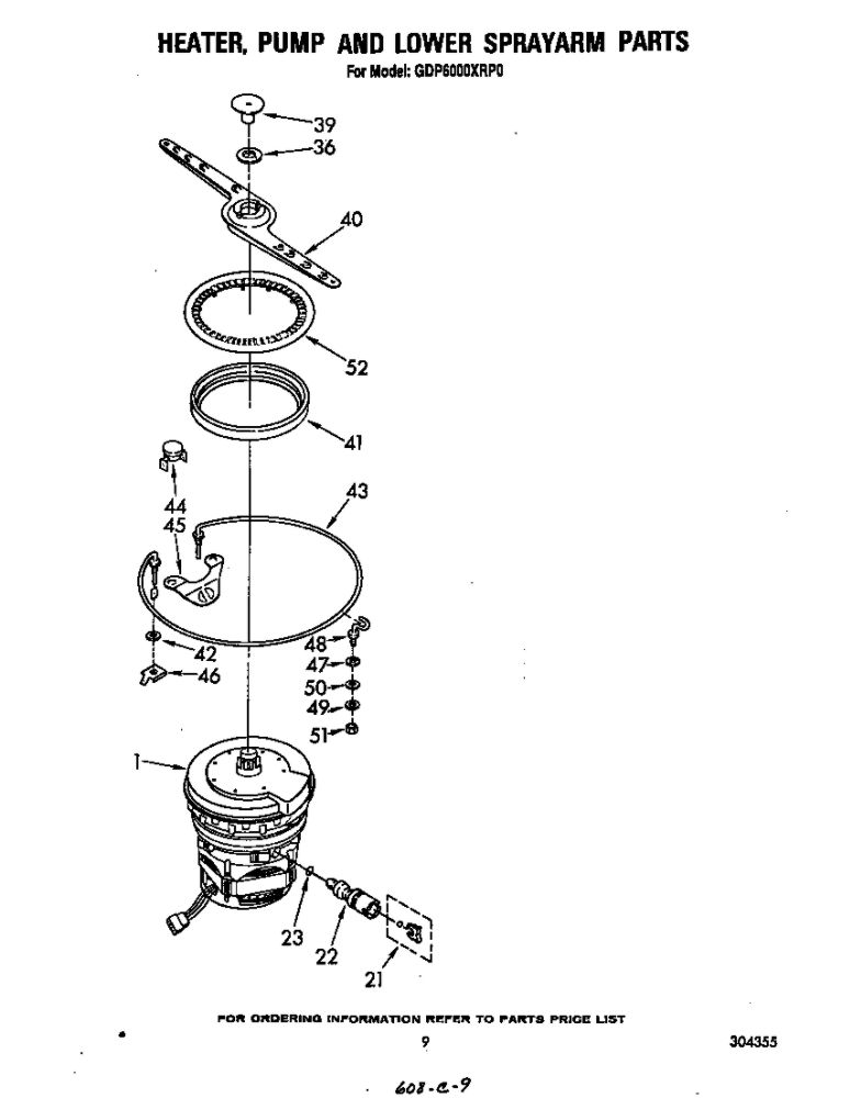 Heater, Pump, And Lower Spray Arm Diagram and Parts List for GDP6000XRP0  Whirlpool Dishwasher