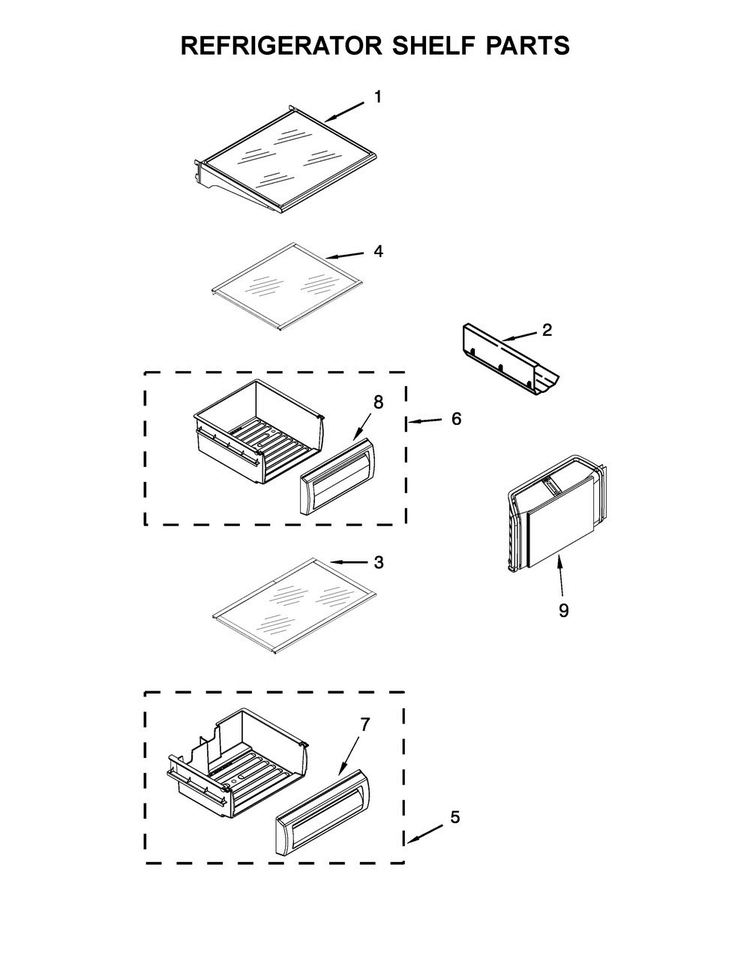 Refrigerator Shelf Parts Diagram and Parts List for KBSN602EPA01  KitchenAid Refrigerator