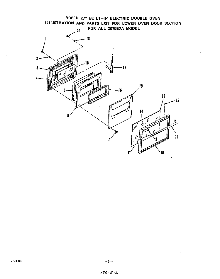LOWER OVEN DOOR Diagram and Parts List for 2075B2A  Roper Range