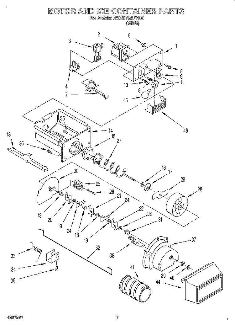 MOTOR AND ICE CONTAINER Diagram and Parts List for 7ED20TQXFW00  Whirlpool Refrigerator