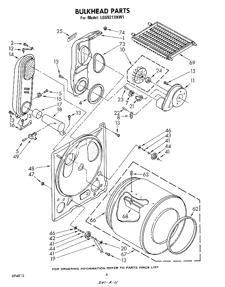 BULKHEAD Diagram and Parts List for LG5921XKW1  Whirlpool Dryer