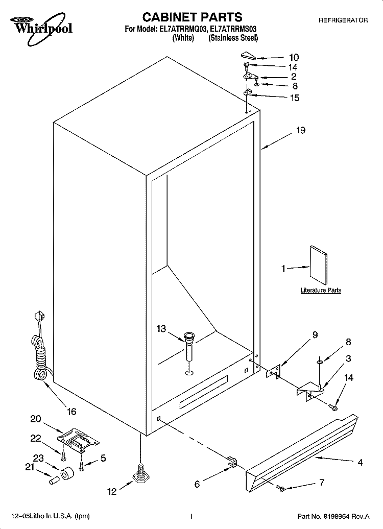 CABINET PARTS Diagram and Parts List for EL7ATRRMS03  Whirlpool Refrigerator