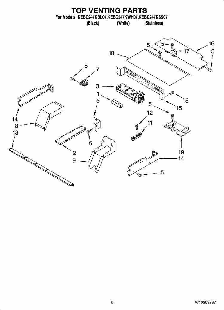 TOP VENTING PARTS, OPTIONAL PARTS Diagram and Parts List for KEBC247KSS07  KitchenAid Wall Oven