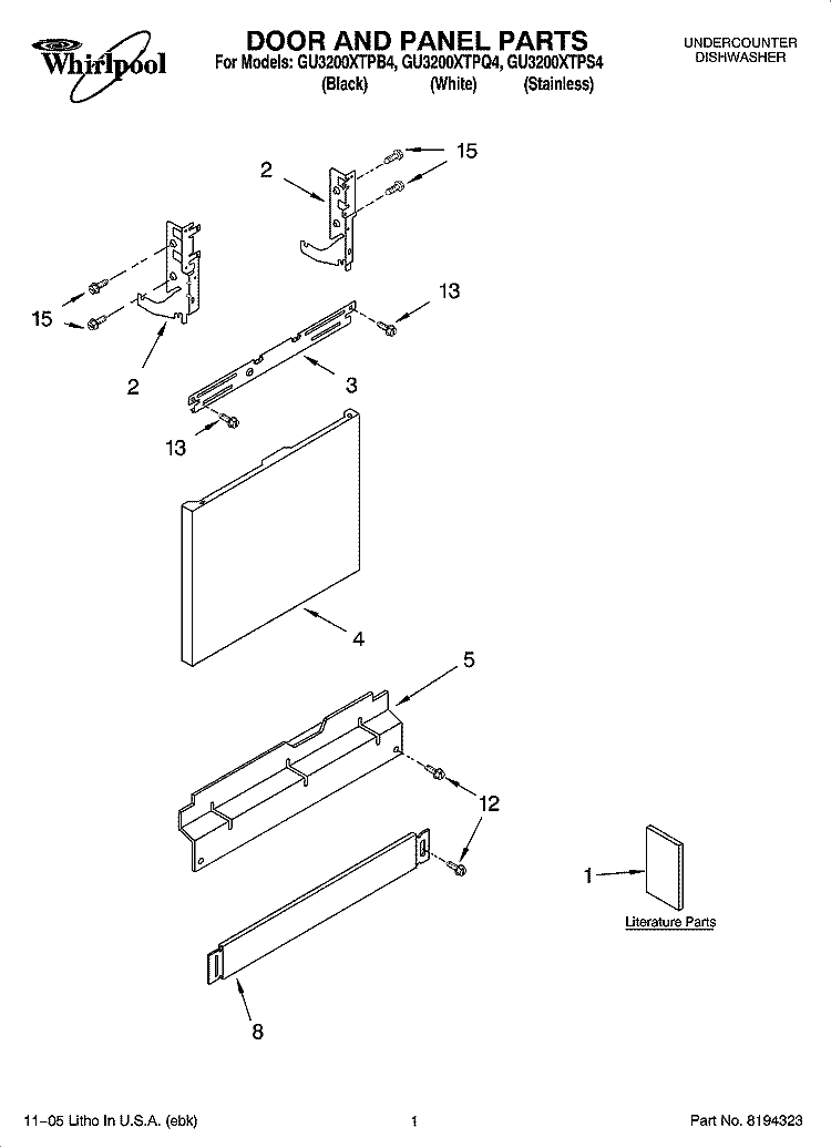 DOOR AND PANEL PARTS Diagram and Parts List for GU3200XTPS4  Whirlpool Dishwasher