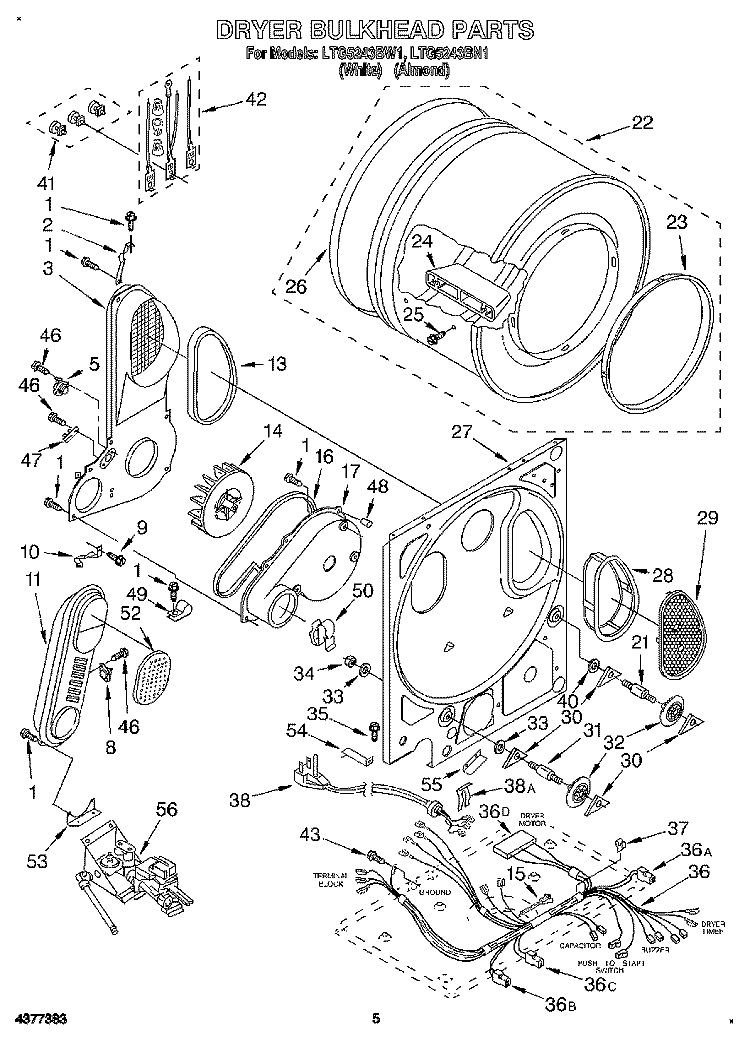 DRYER BULKHEAD Diagram and Parts List for LTG5243BW1  Whirlpool Washer Dryer Combo