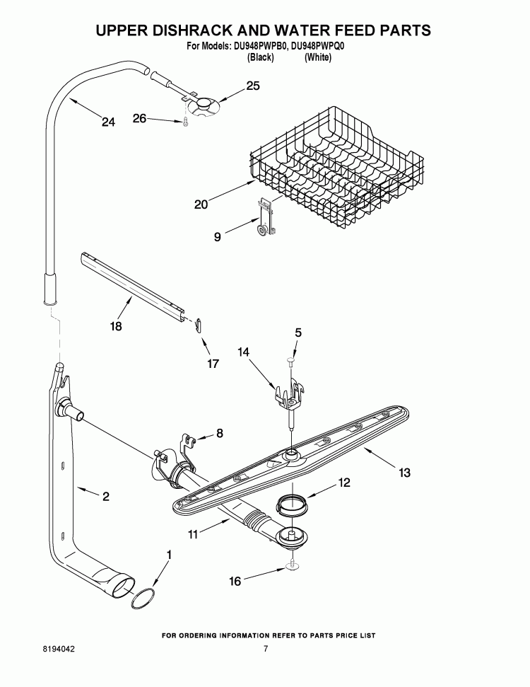 UPPER DISHRACK AND WATER FEED PARTS Diagram and Parts List for DU948PWPQ0  Whirlpool Dishwasher