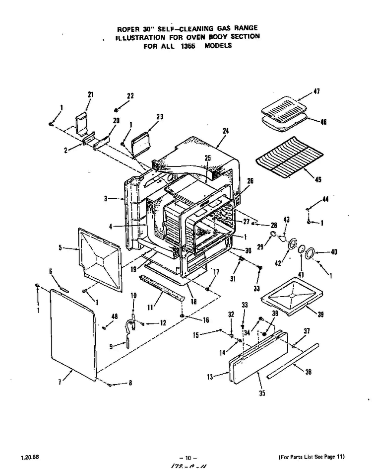 Oven Body Diagram and Parts List for 1355*0A  Roper Range